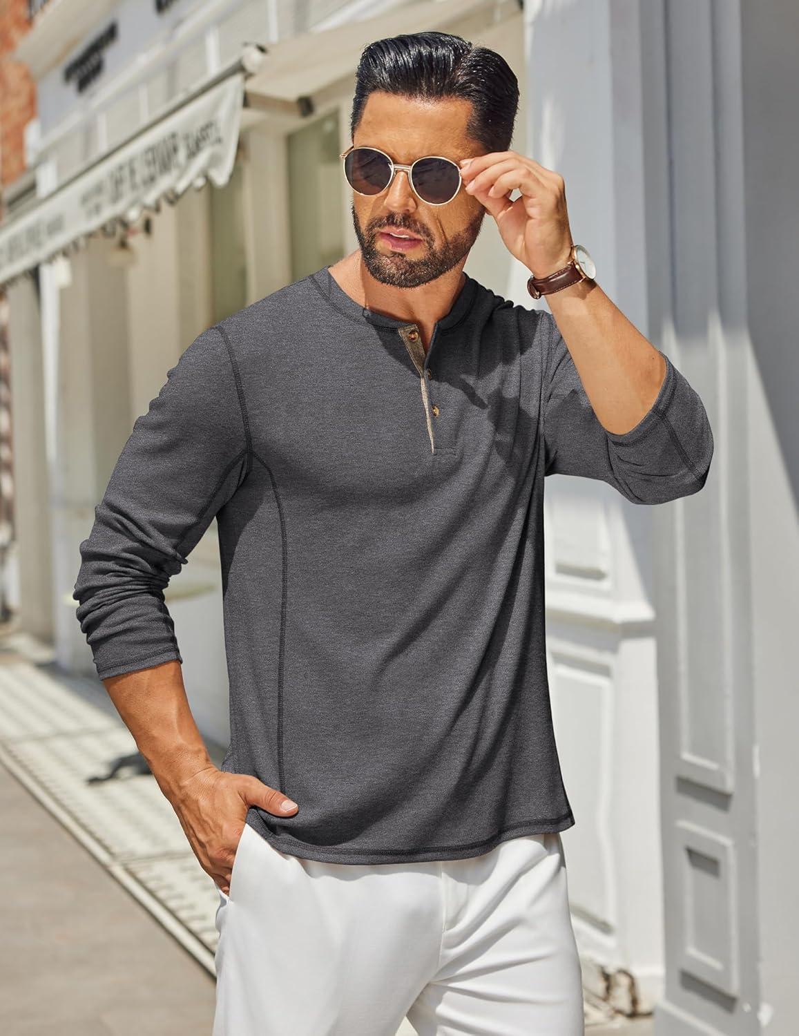 imageCOOFANDY Mens Henley Shirts Long Sleeve Casual Maverick Slub Henley TShirts Lightweight Basic TeeDark Gray