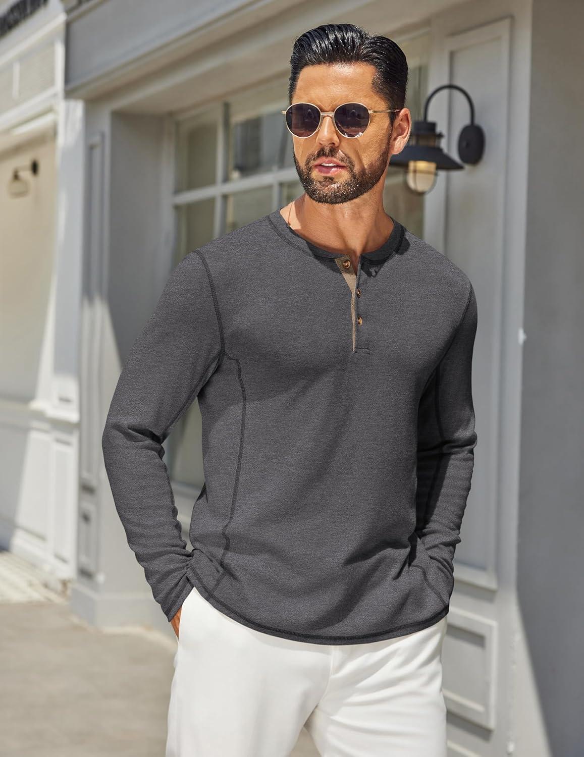 imageCOOFANDY Mens Henley Shirts Long Sleeve Casual Maverick Slub Henley TShirts Lightweight Basic TeeDark Gray