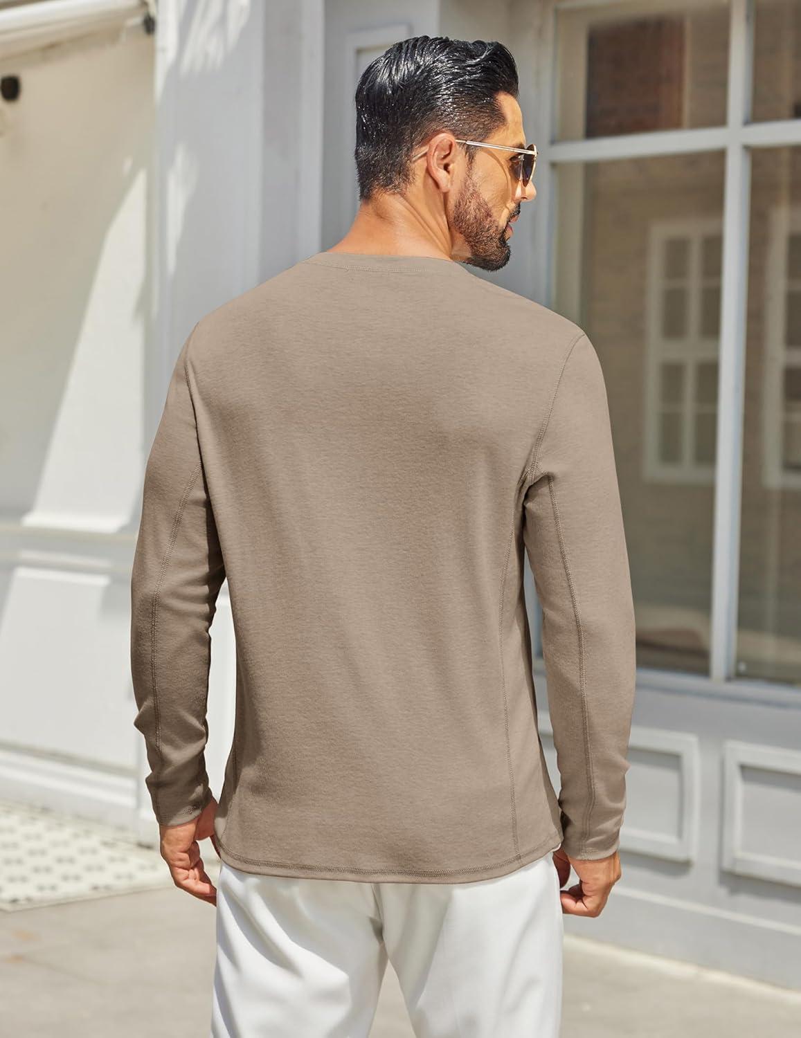 imageCOOFANDY Mens Henley Shirts Long Sleeve Casual Maverick Slub Henley TShirts Lightweight Basic TeeKhaki