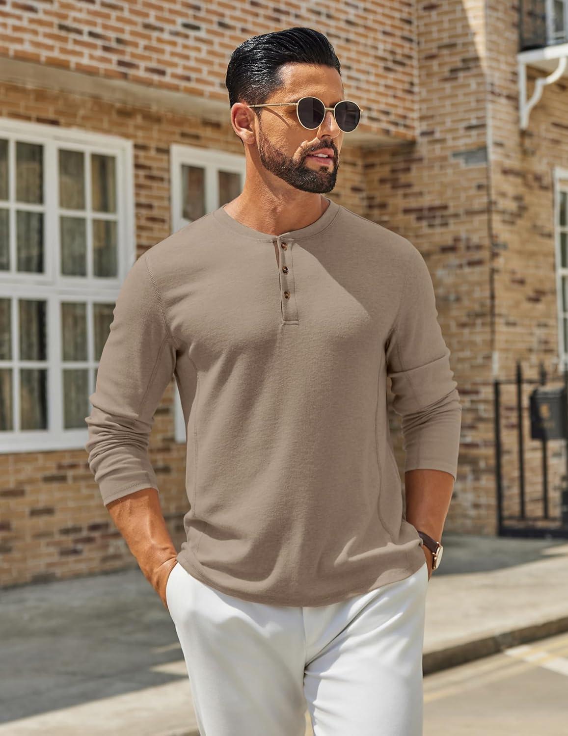 imageCOOFANDY Mens Henley Shirts Long Sleeve Casual Maverick Slub Henley TShirts Lightweight Basic TeeKhaki