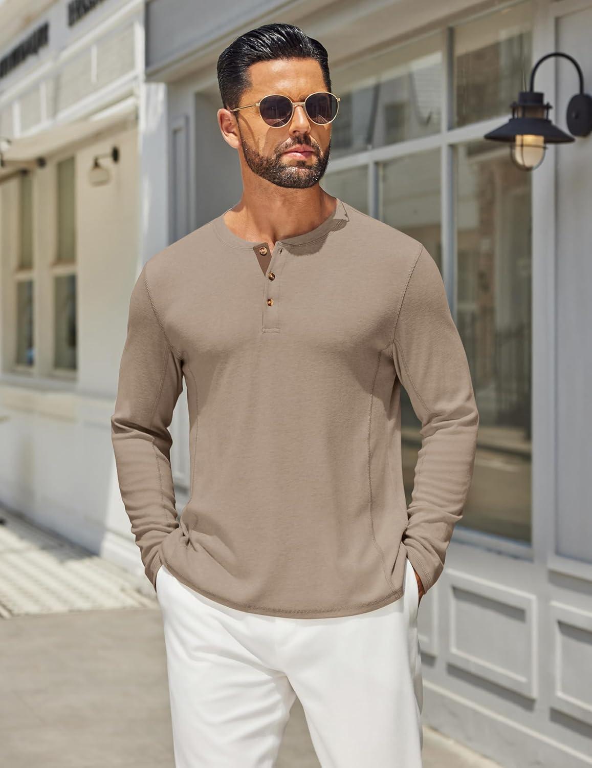 imageCOOFANDY Mens Henley Shirts Long Sleeve Casual Maverick Slub Henley TShirts Lightweight Basic TeeKhaki