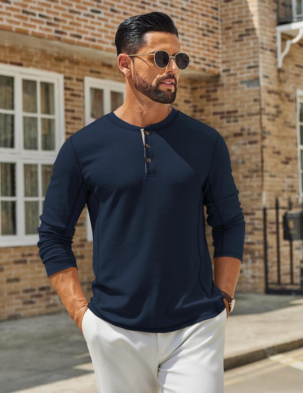 imageCOOFANDY Mens Henley Shirts Long Sleeve Casual Maverick Slub Henley TShirts Lightweight Basic TeeNavy Blue