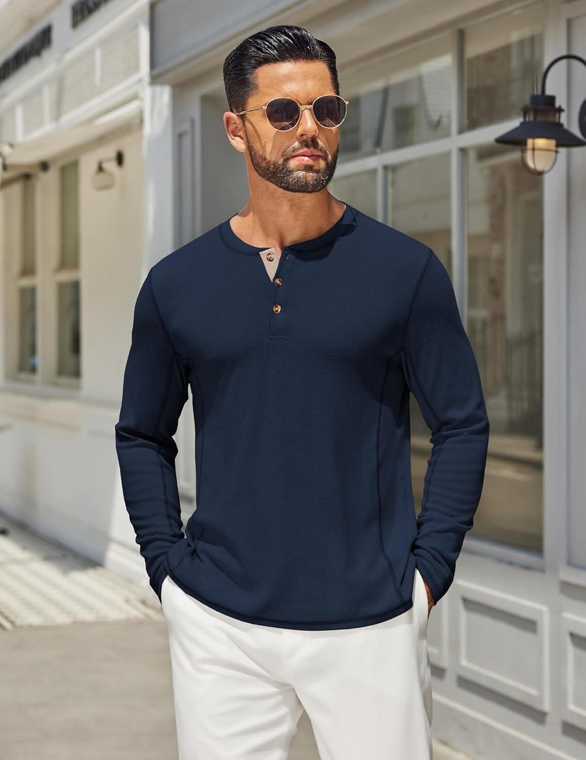 imageCOOFANDY Mens Henley Shirts Long Sleeve Casual Maverick Slub Henley TShirts Lightweight Basic TeeNavy Blue