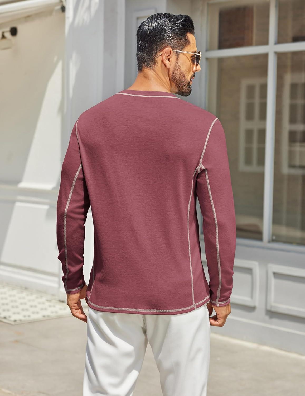 imageCOOFANDY Mens Henley Shirts Long Sleeve Casual Maverick Slub Henley TShirts Lightweight Basic TeeWine Red