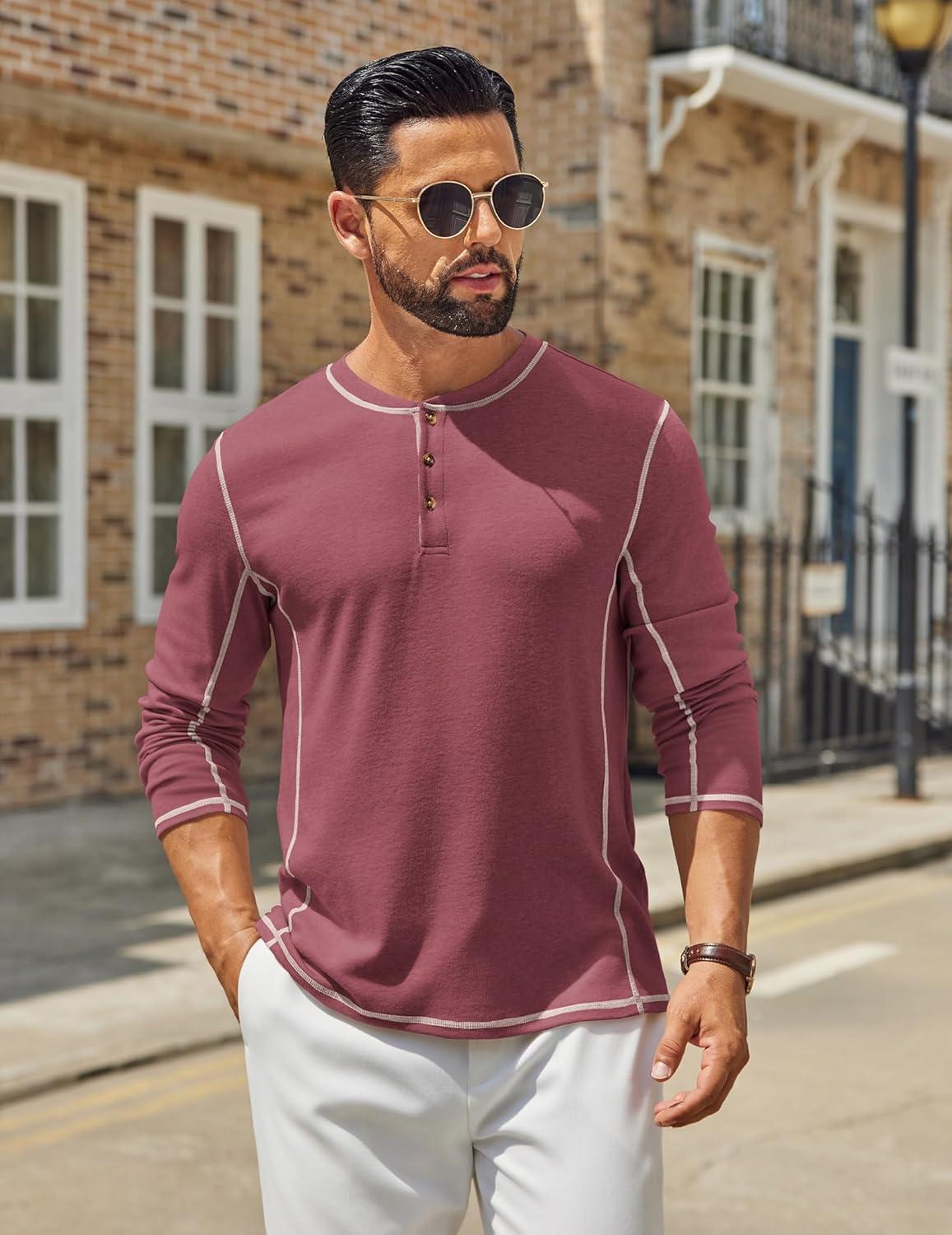 imageCOOFANDY Mens Henley Shirts Long Sleeve Casual Maverick Slub Henley TShirts Lightweight Basic TeeWine Red