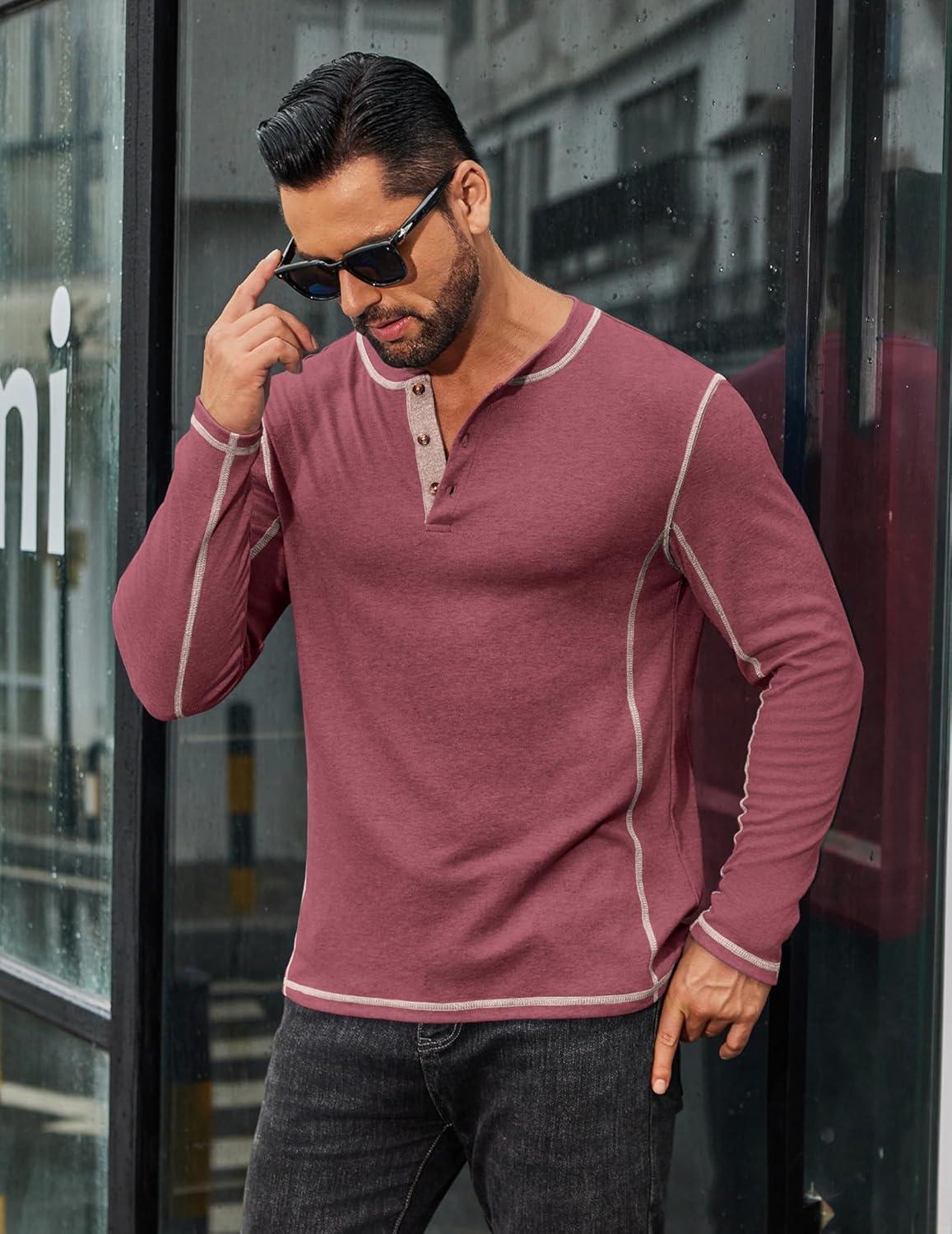 imageCOOFANDY Mens Henley Shirts Long Sleeve Casual Maverick Slub Henley TShirts Lightweight Basic TeeWine Red