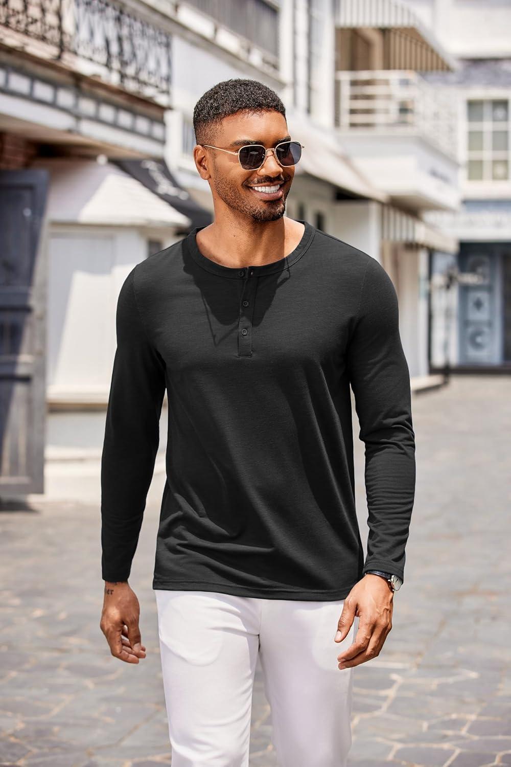 imageCOOFANDY Mens Henley Shirts Long Sleeve Casual Pullover TShirt Fashion Basic Button ShirtsAblack