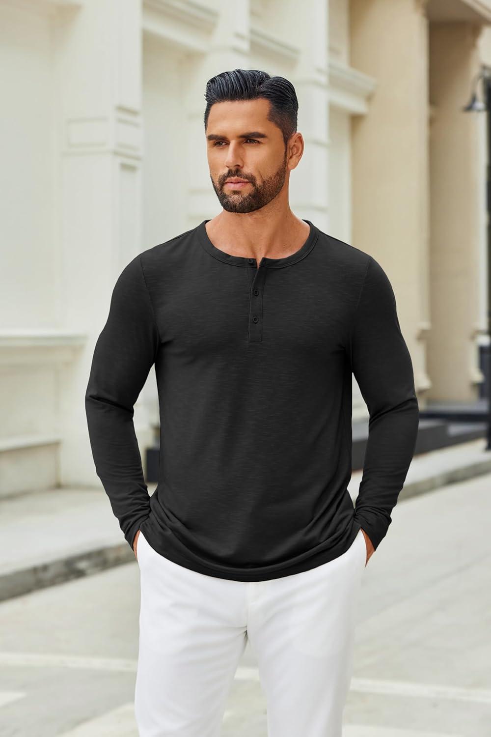 imageCOOFANDY Mens Henley Shirts Long Sleeve Casual Pullover TShirt Fashion Basic Button ShirtsAblack