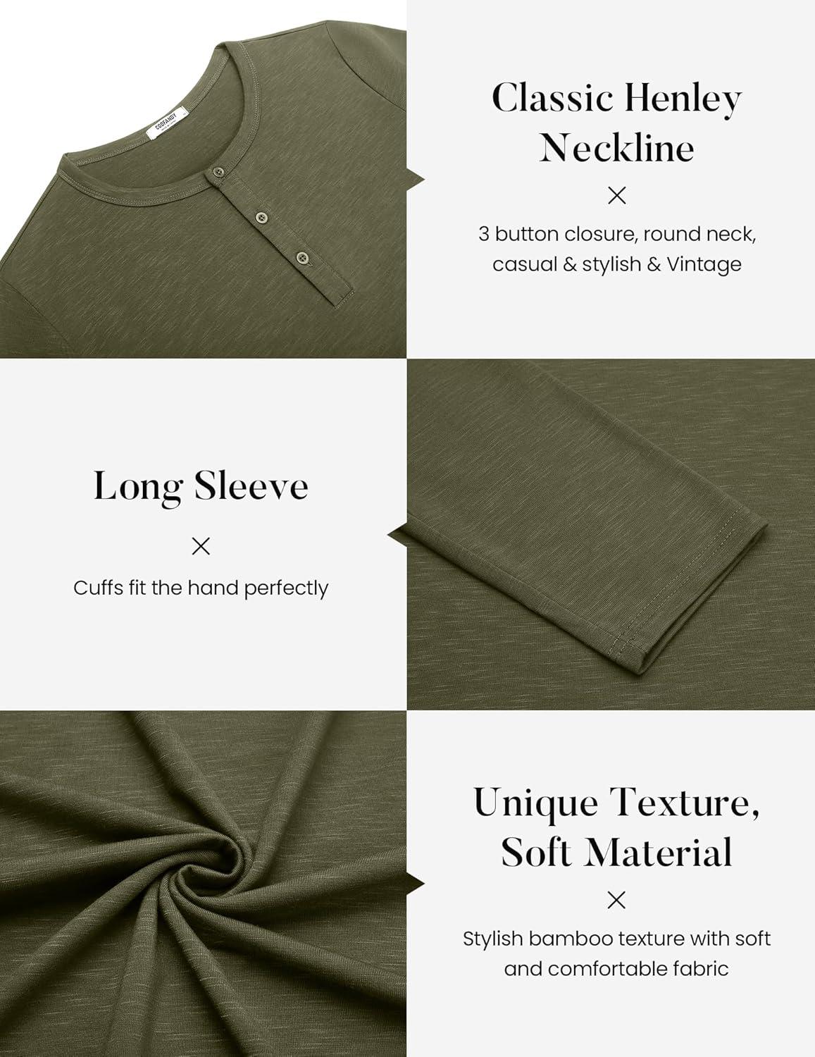 imageCOOFANDY Mens Henley Shirts Long Sleeve Casual Pullover TShirt Fashion Basic Button ShirtsArmy Green