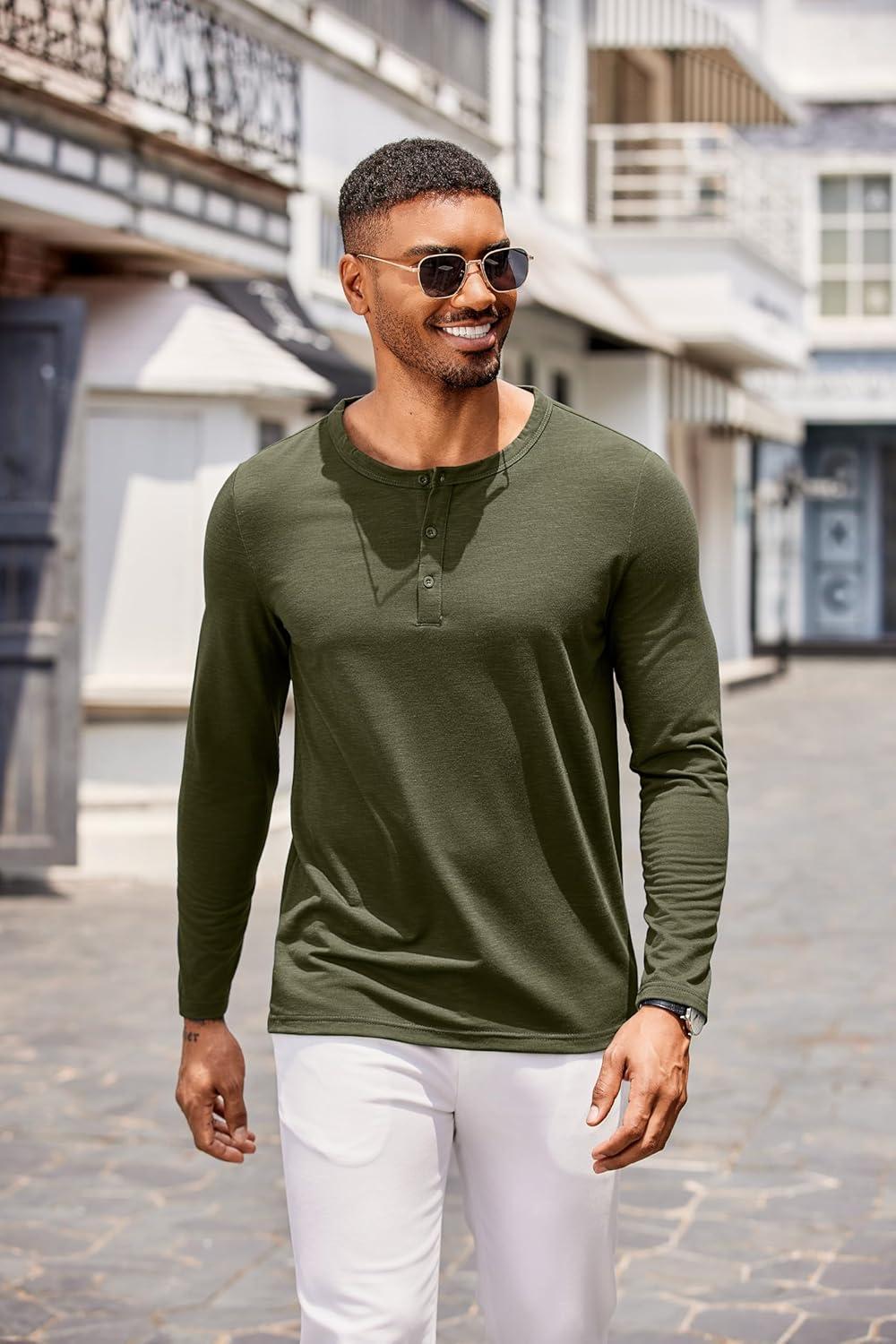 imageCOOFANDY Mens Henley Shirts Long Sleeve Casual Pullover TShirt Fashion Basic Button ShirtsArmy Green