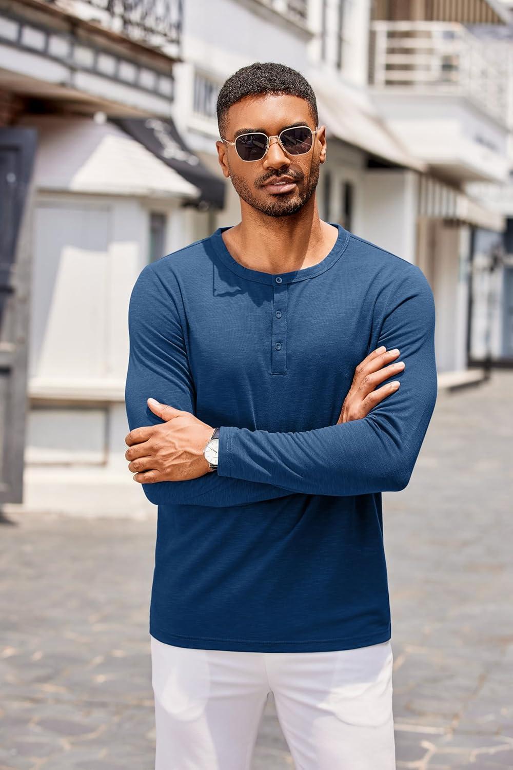 imageCOOFANDY Mens Henley Shirts Long Sleeve Casual Pullover TShirt Fashion Basic Button ShirtsDark Blue