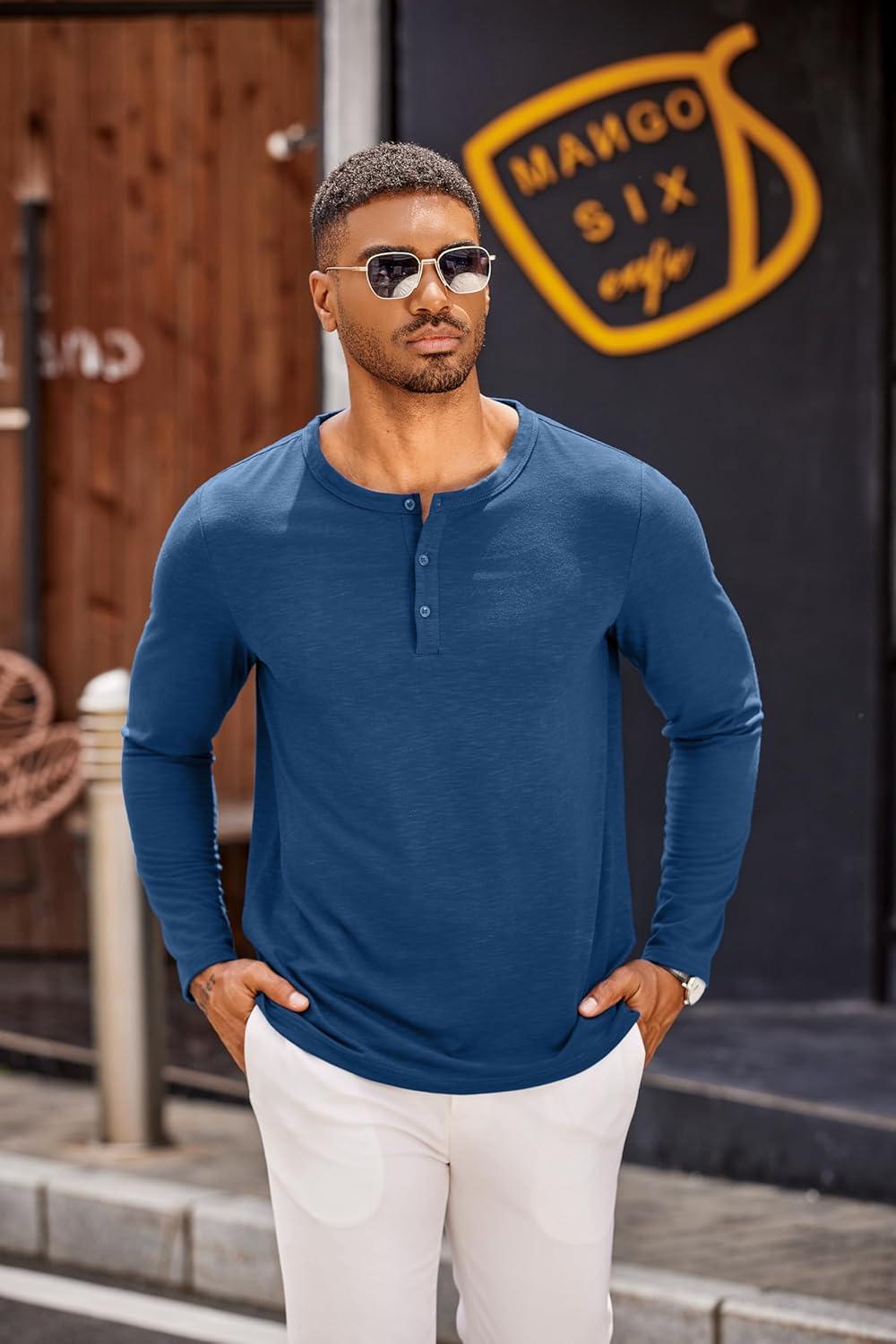 imageCOOFANDY Mens Henley Shirts Long Sleeve Casual Pullover TShirt Fashion Basic Button ShirtsDark Blue