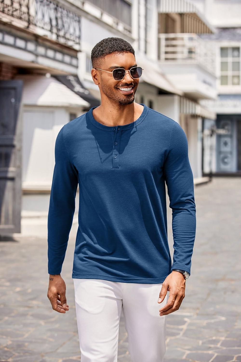 imageCOOFANDY Mens Henley Shirts Long Sleeve Casual Pullover TShirt Fashion Basic Button ShirtsDark Blue