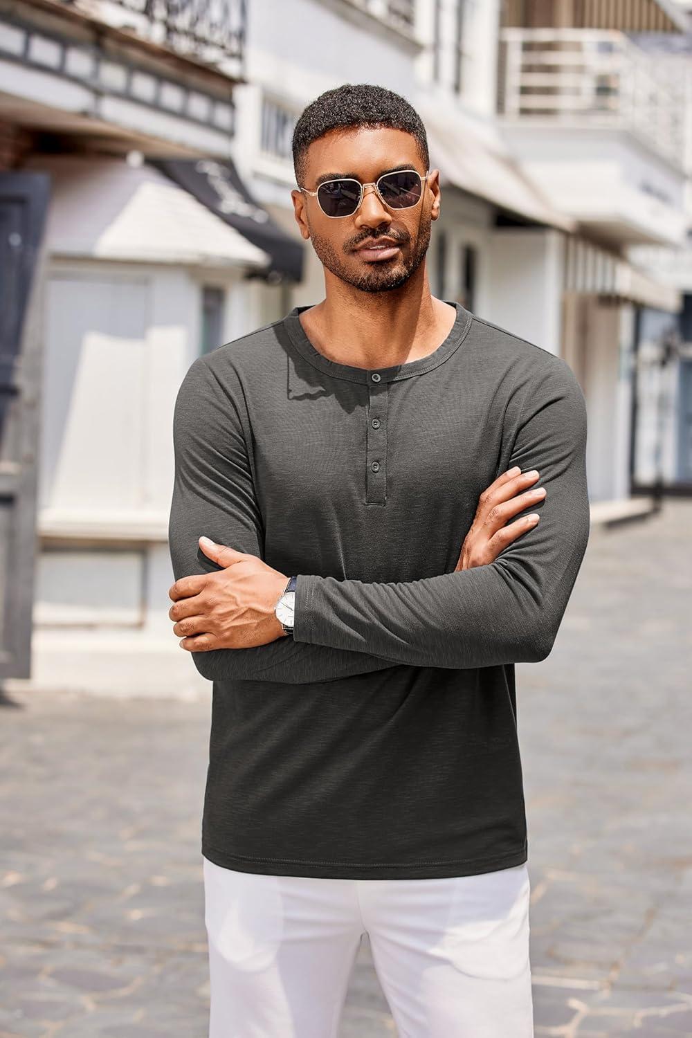 imageCOOFANDY Mens Henley Shirts Long Sleeve Casual Pullover TShirt Fashion Basic Button ShirtsDark Grey