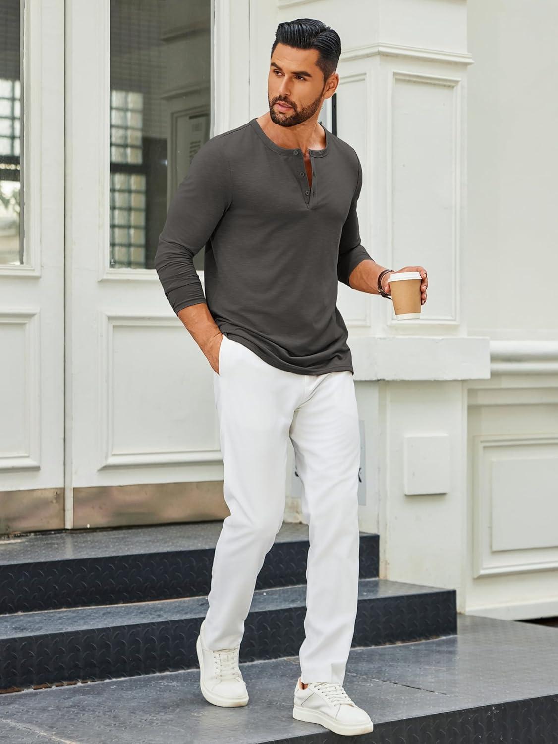 imageCOOFANDY Mens Henley Shirts Long Sleeve Casual Pullover TShirt Fashion Basic Button ShirtsDark Grey