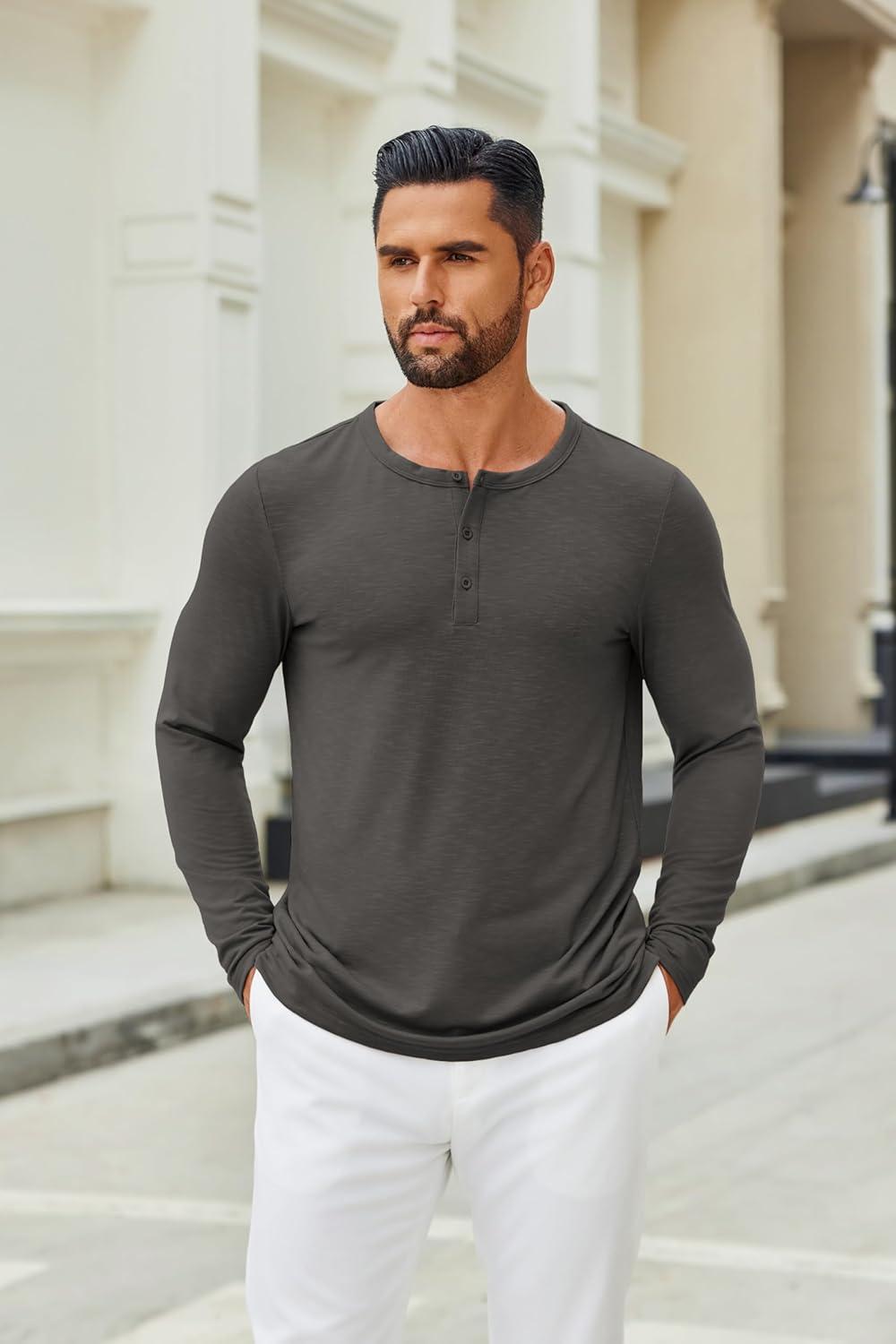 imageCOOFANDY Mens Henley Shirts Long Sleeve Casual Pullover TShirt Fashion Basic Button ShirtsDark Grey