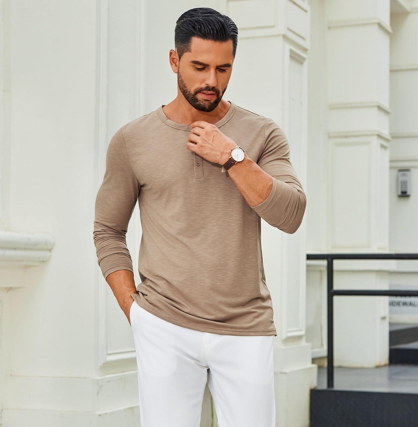 imageCOOFANDY Mens Henley Shirts Long Sleeve Casual Pullover TShirt Fashion Basic Button ShirtsKhaki