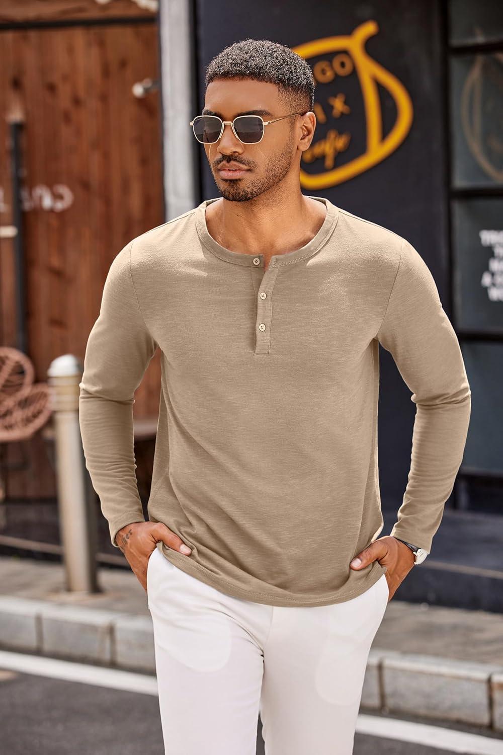 imageCOOFANDY Mens Henley Shirts Long Sleeve Casual Pullover TShirt Fashion Basic Button ShirtsKhaki