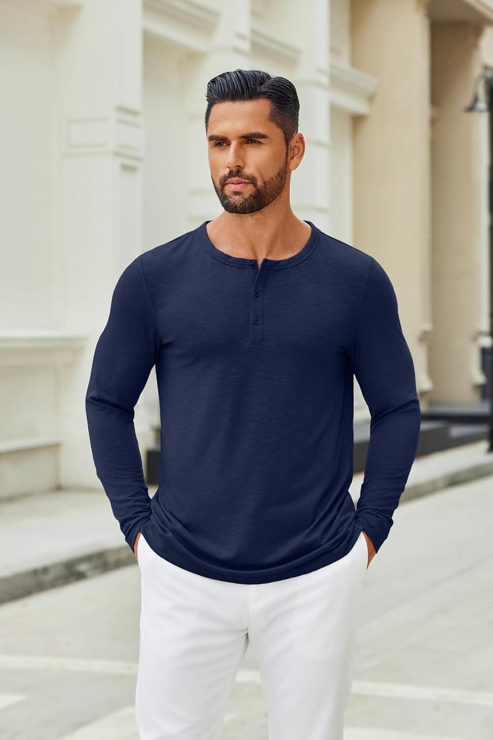 imageCOOFANDY Mens Henley Shirts Long Sleeve Casual Pullover TShirt Fashion Basic Button ShirtsNavy Blue