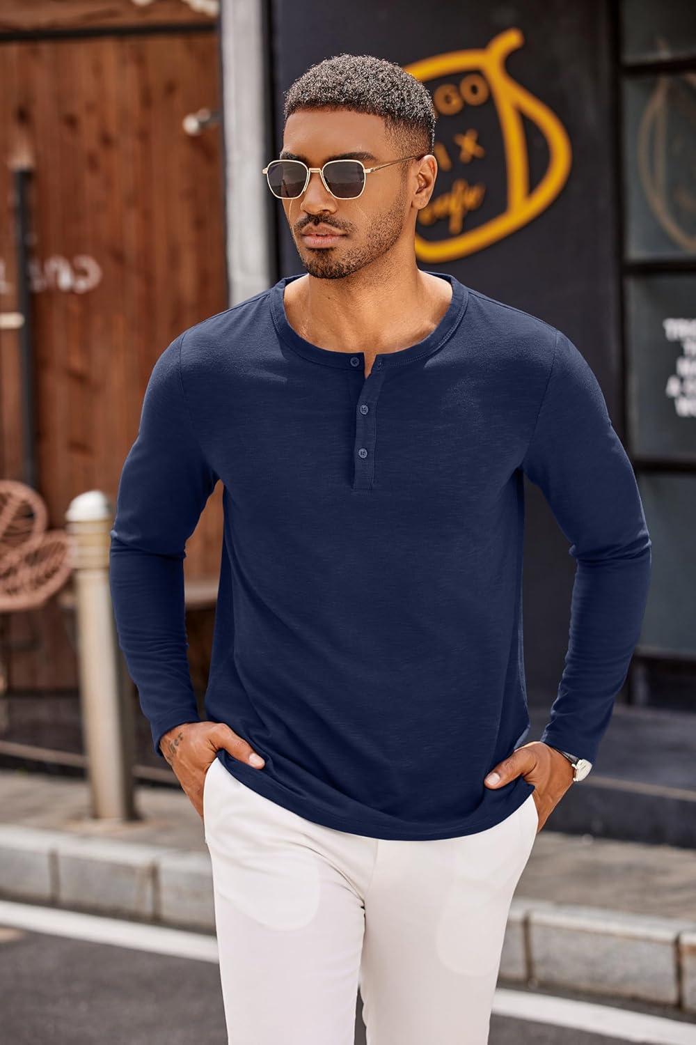 imageCOOFANDY Mens Henley Shirts Long Sleeve Casual Pullover TShirt Fashion Basic Button ShirtsNavy Blue