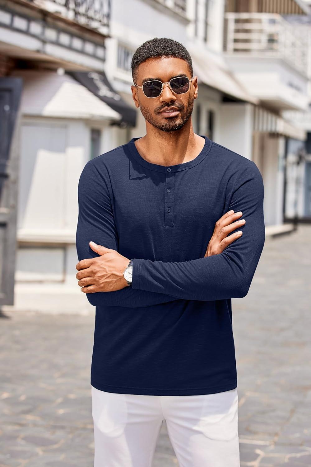 imageCOOFANDY Mens Henley Shirts Long Sleeve Casual Pullover TShirt Fashion Basic Button ShirtsNavy Blue