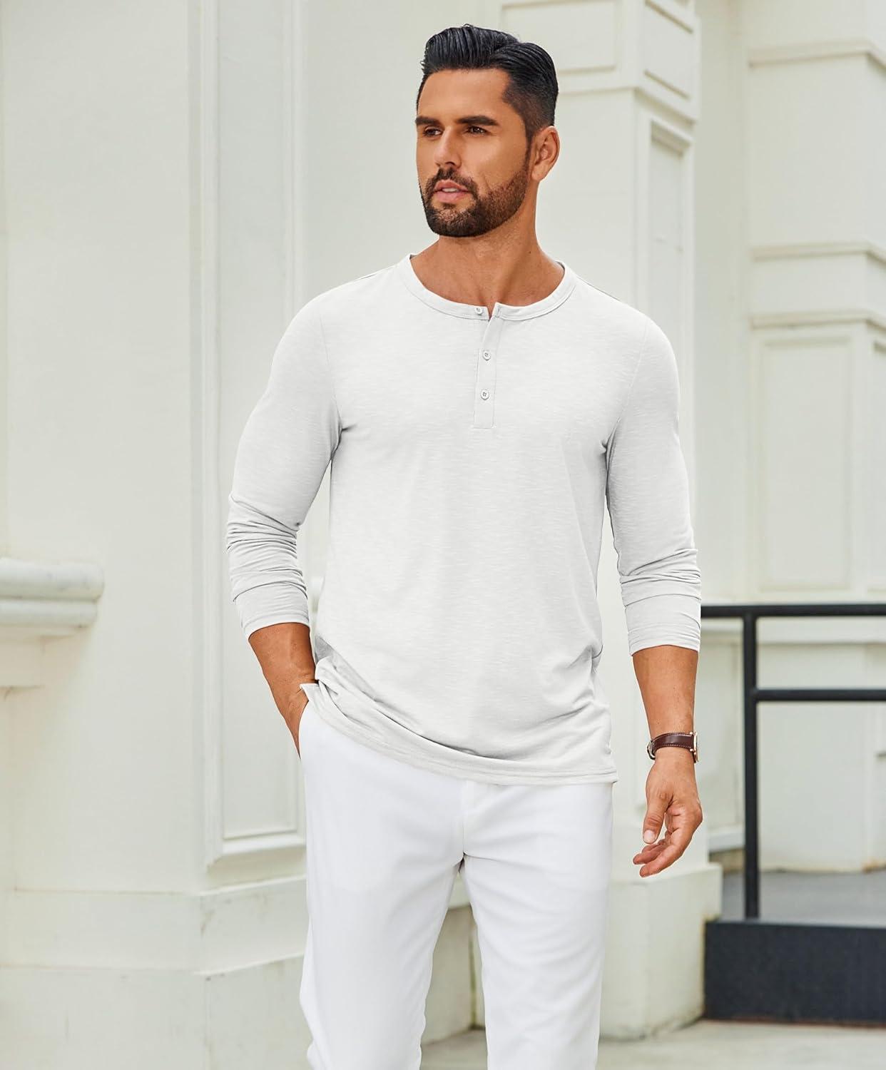 imageCOOFANDY Mens Henley Shirts Long Sleeve Casual Pullover TShirt Fashion Basic Button ShirtsWhite