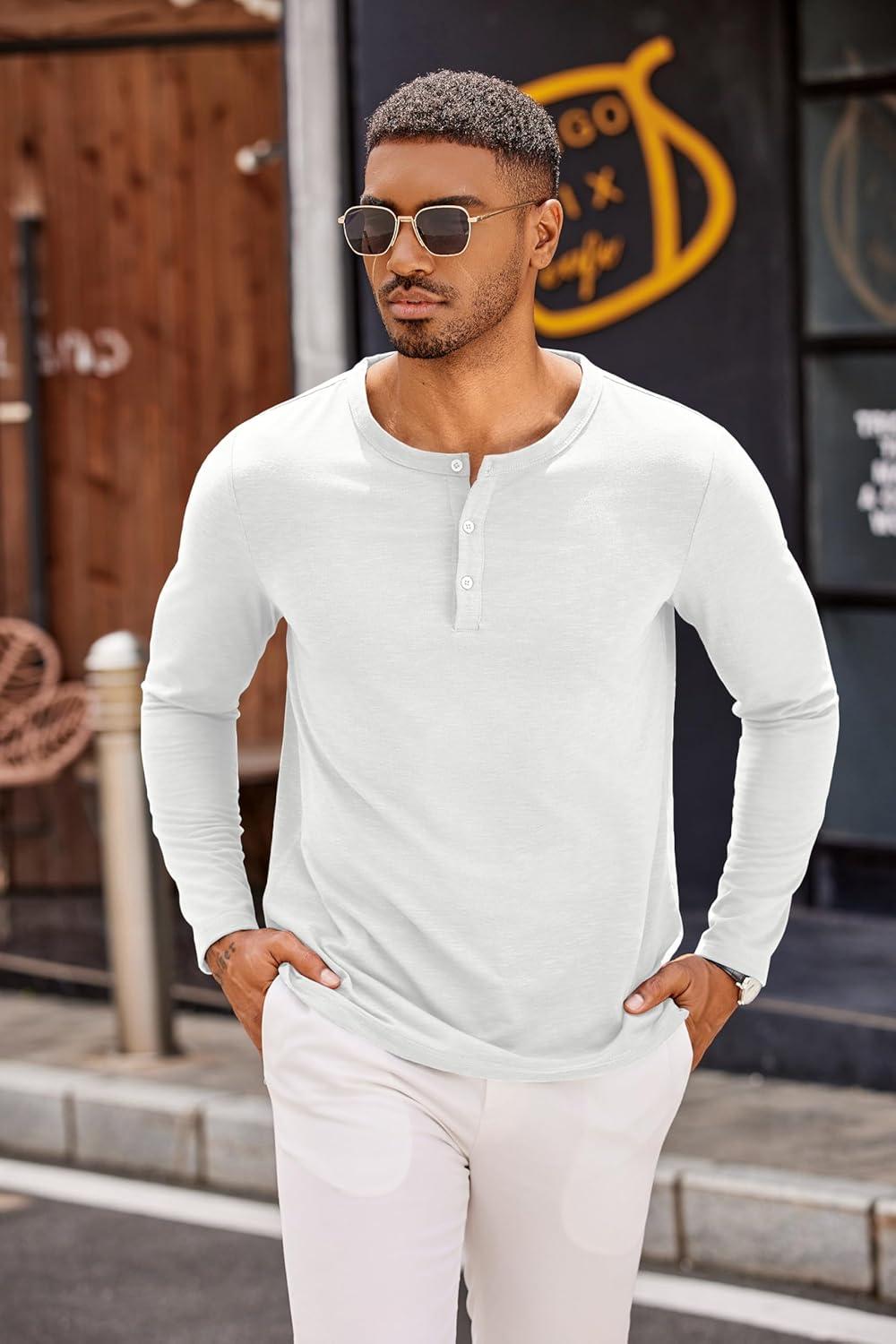 imageCOOFANDY Mens Henley Shirts Long Sleeve Casual Pullover TShirt Fashion Basic Button ShirtsWhite