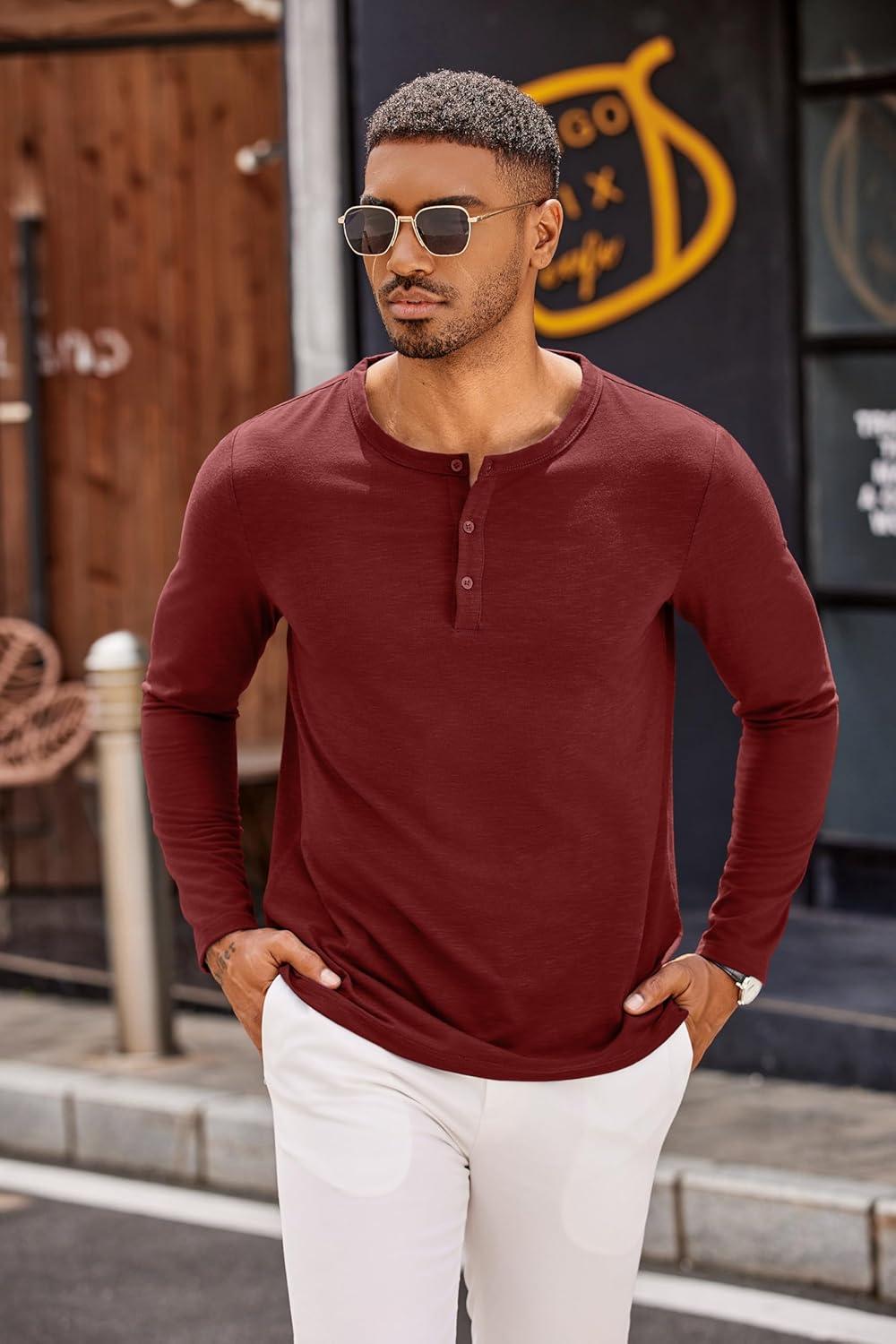imageCOOFANDY Mens Henley Shirts Long Sleeve Casual Pullover TShirt Fashion Basic Button ShirtsWine Red