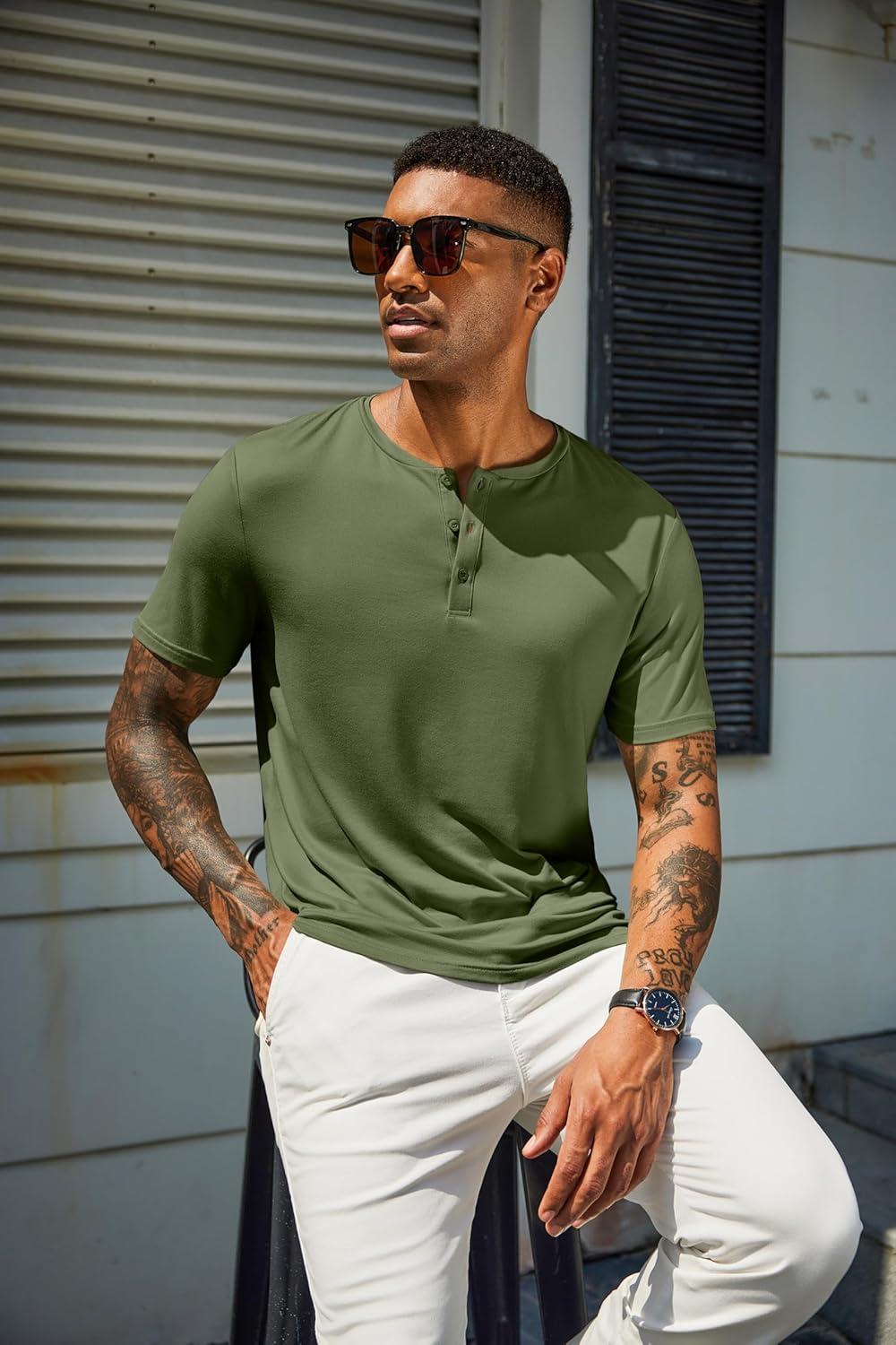 imageCOOFANDY Mens Henley Shirts Short Sleeve Casual Summer Basic T Shirt Soild Button Tee TopAarmy Green