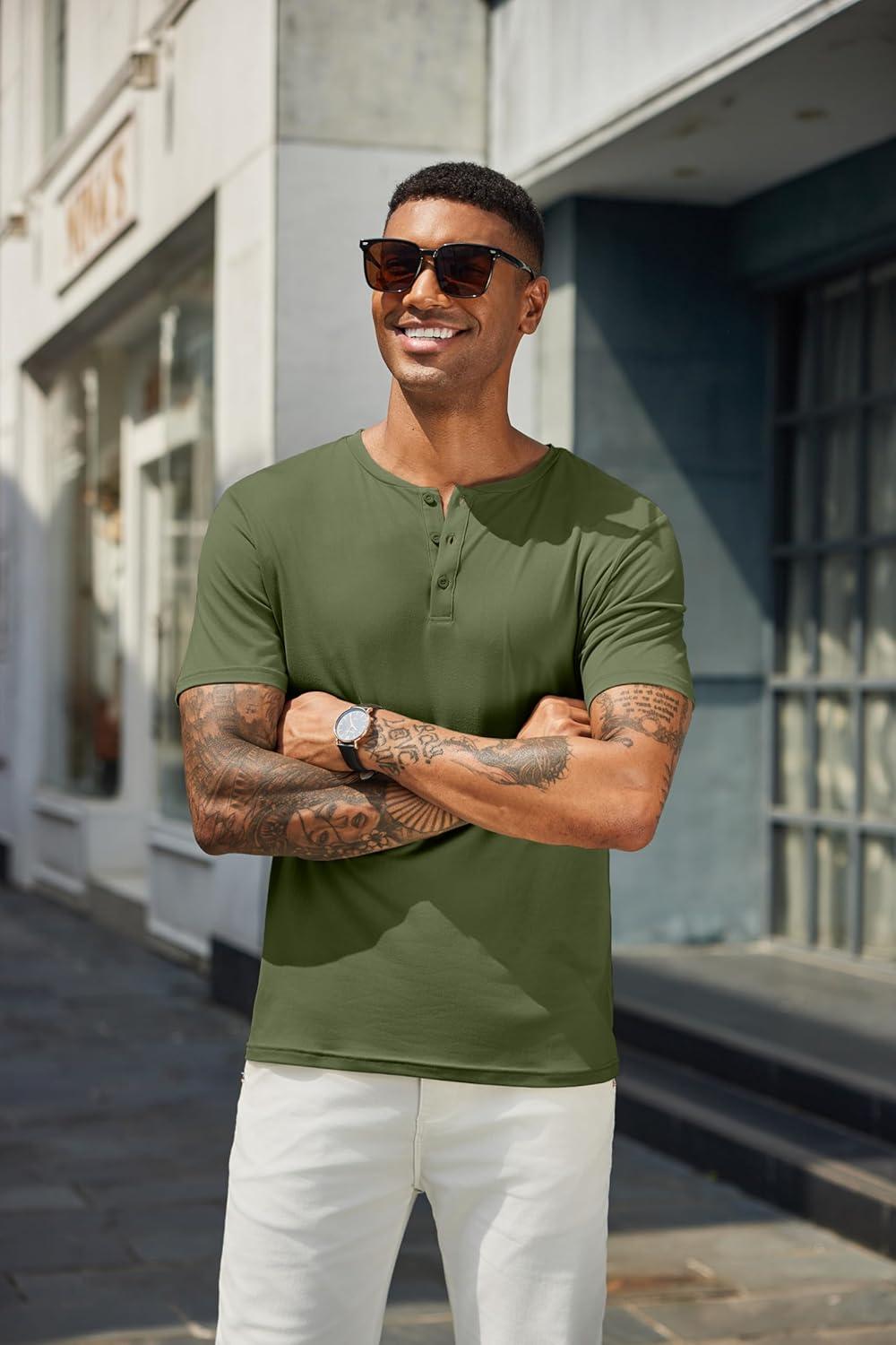 imageCOOFANDY Mens Henley Shirts Short Sleeve Casual Summer Basic T Shirt Soild Button Tee TopAarmy Green