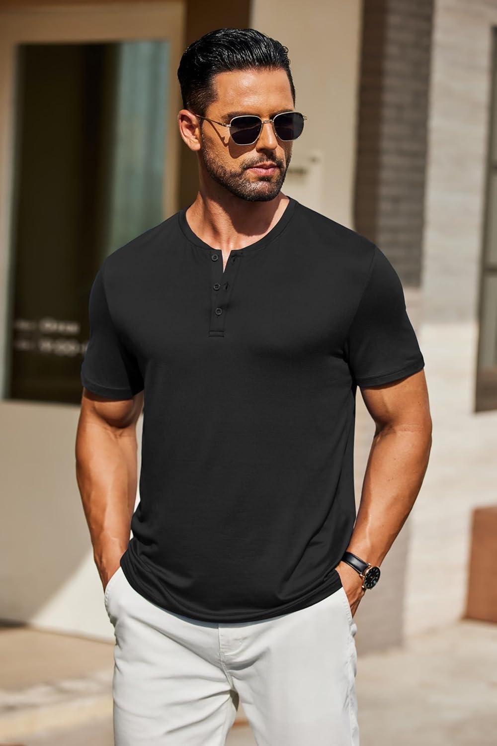 imageCOOFANDY Mens Henley Shirts Short Sleeve Casual Summer Basic T Shirt Soild Button Tee TopAblack