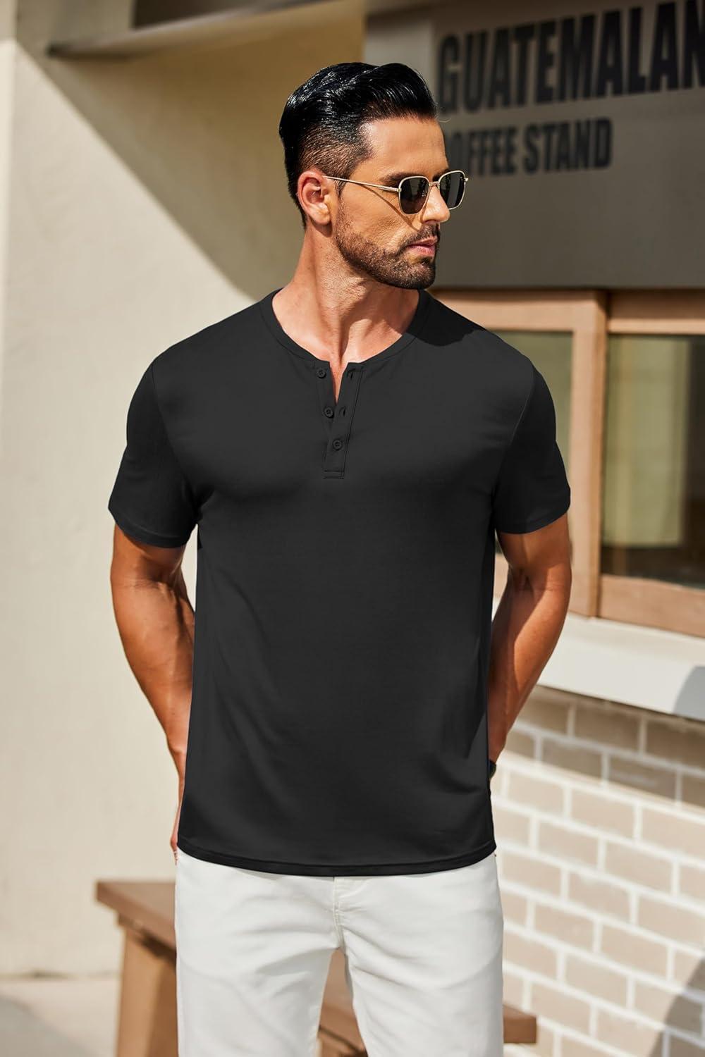 imageCOOFANDY Mens Henley Shirts Short Sleeve Casual Summer Basic T Shirt Soild Button Tee TopAblack