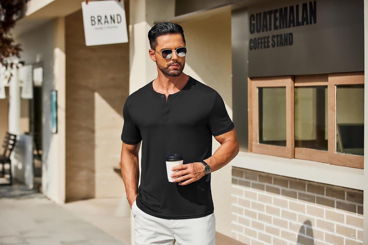 imageCOOFANDY Mens Henley Shirts Short Sleeve Casual Summer Basic T Shirt Soild Button Tee TopAblack