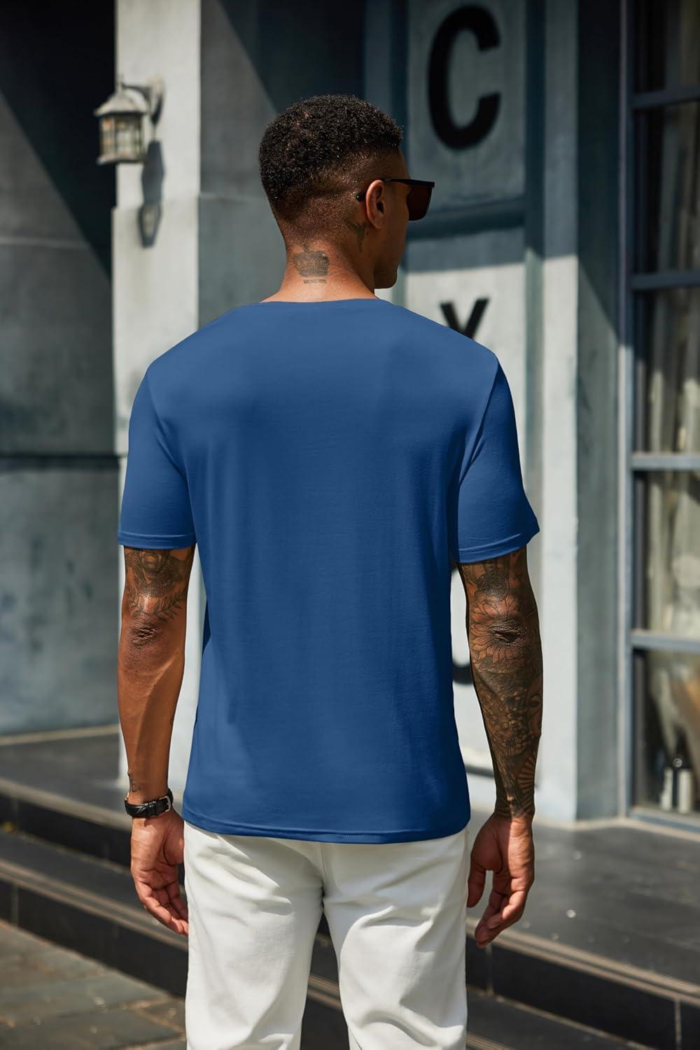 imageCOOFANDY Mens Henley Shirts Short Sleeve Casual Summer Basic T Shirt Soild Button Tee TopAdark Blue