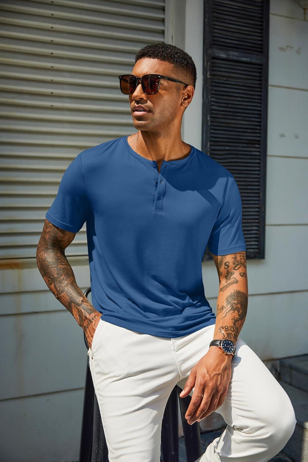 imageCOOFANDY Mens Henley Shirts Short Sleeve Casual Summer Basic T Shirt Soild Button Tee TopAdark Blue