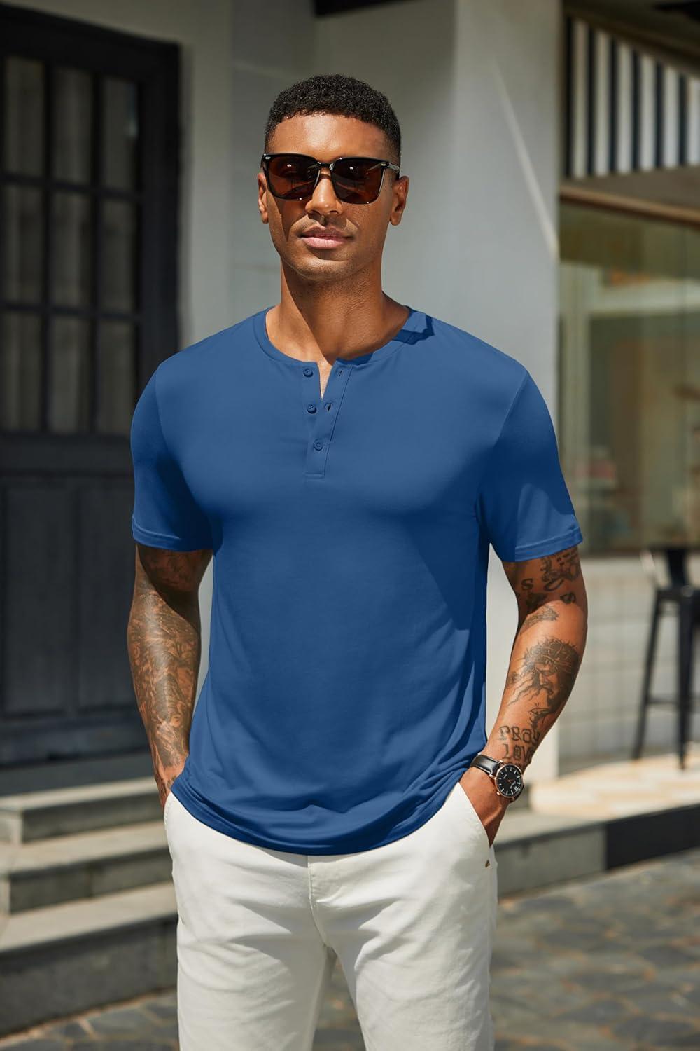 imageCOOFANDY Mens Henley Shirts Short Sleeve Casual Summer Basic T Shirt Soild Button Tee TopAdark Blue