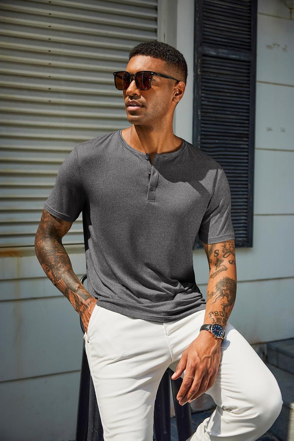 imageCOOFANDY Mens Henley Shirts Short Sleeve Casual Summer Basic T Shirt Soild Button Tee TopAdark Grey