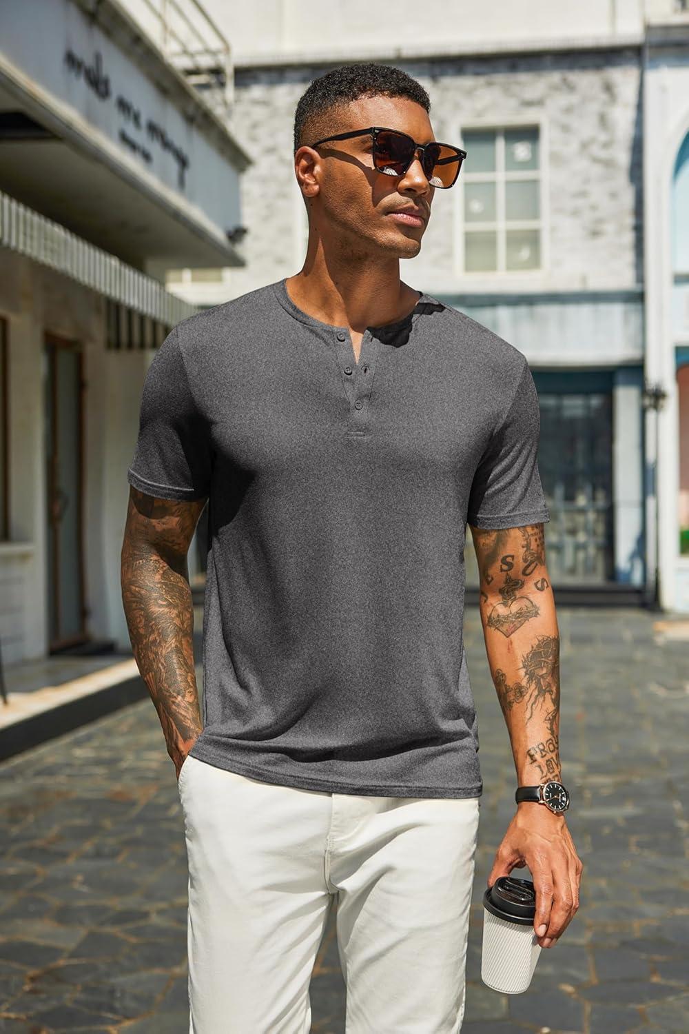 imageCOOFANDY Mens Henley Shirts Short Sleeve Casual Summer Basic T Shirt Soild Button Tee TopAdark Grey