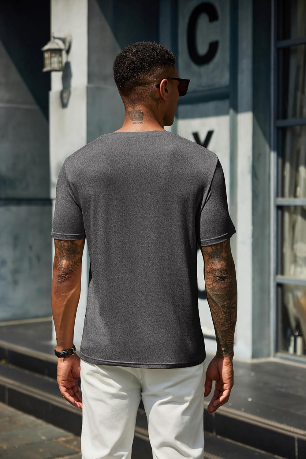 imageCOOFANDY Mens Henley Shirts Short Sleeve Casual Summer Basic T Shirt Soild Button Tee TopAdark Grey