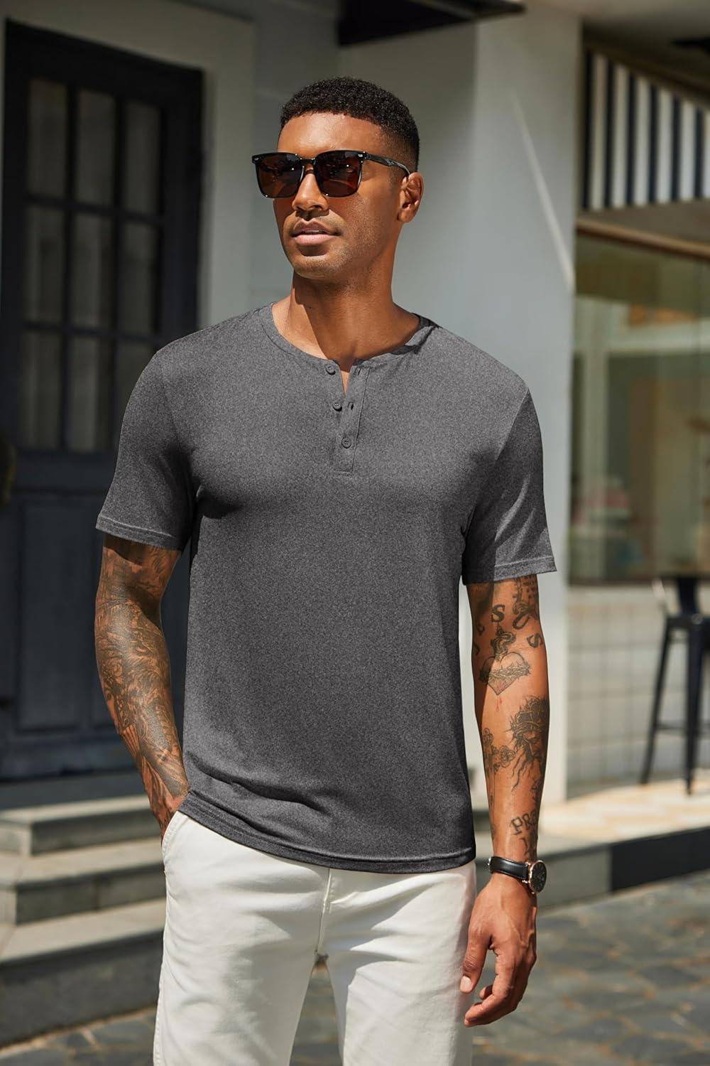 imageCOOFANDY Mens Henley Shirts Short Sleeve Casual Summer Basic T Shirt Soild Button Tee TopAdark Grey
