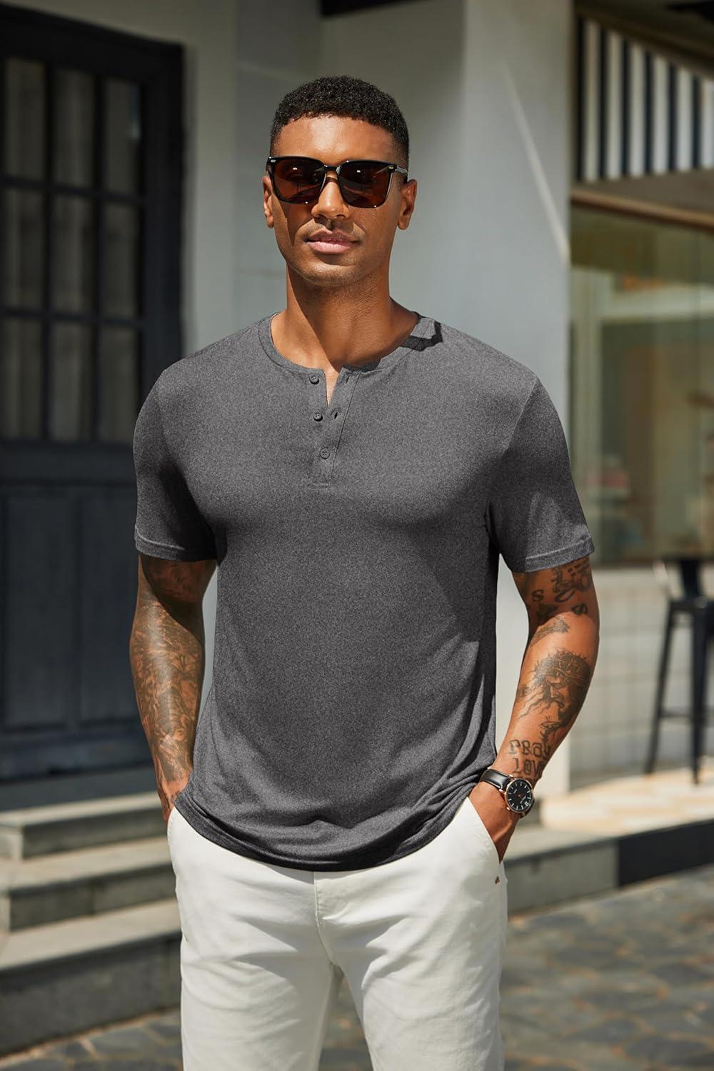 imageCOOFANDY Mens Henley Shirts Short Sleeve Casual Summer Basic T Shirt Soild Button Tee TopAdark Grey