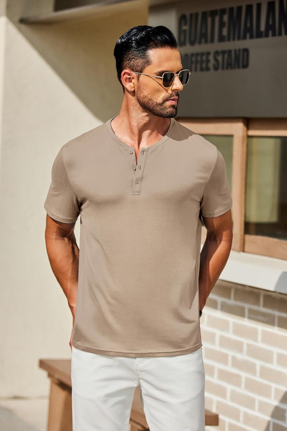 imageCOOFANDY Mens Henley Shirts Short Sleeve Casual Summer Basic T Shirt Soild Button Tee TopAkhaki