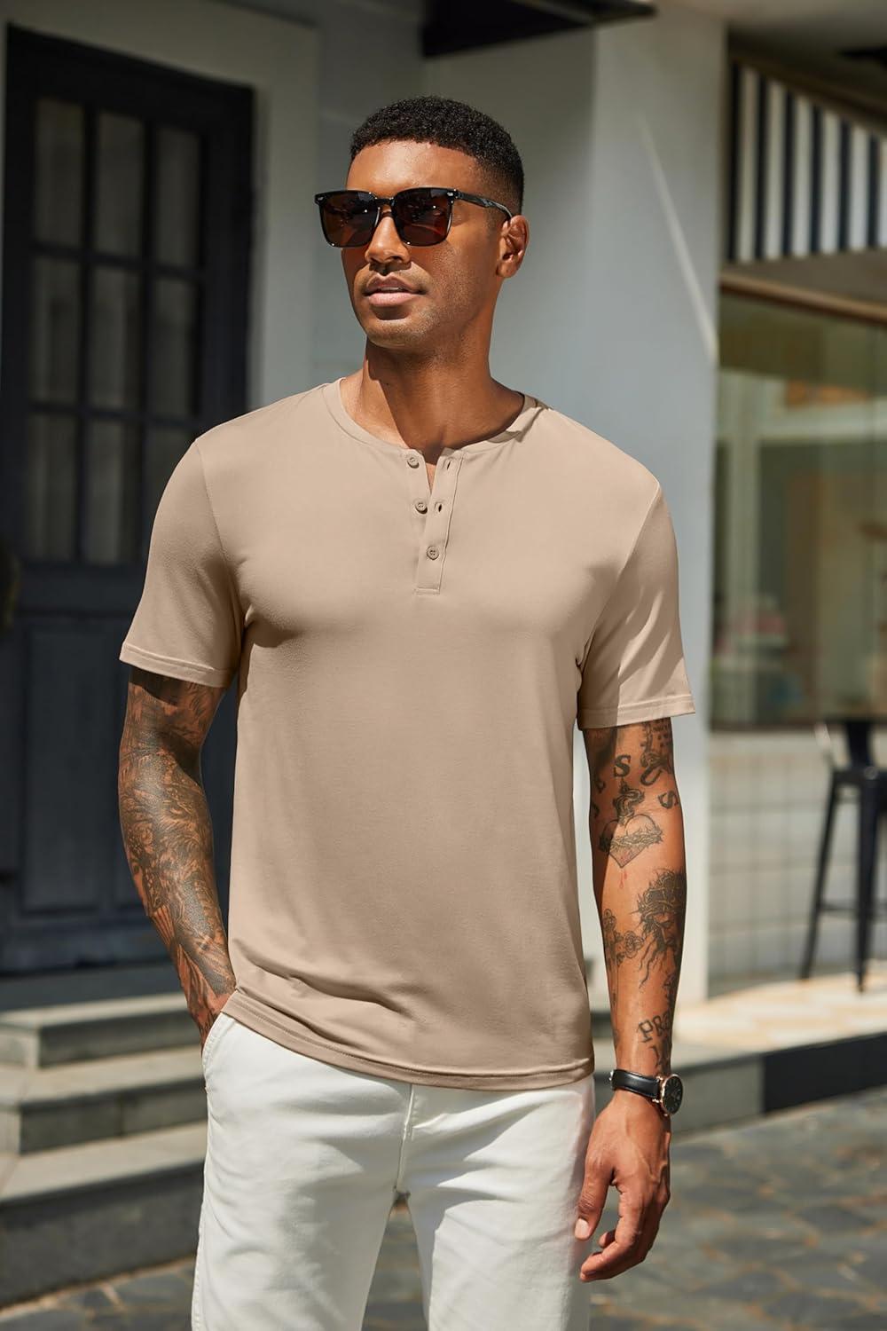 imageCOOFANDY Mens Henley Shirts Short Sleeve Casual Summer Basic T Shirt Soild Button Tee TopAkhaki