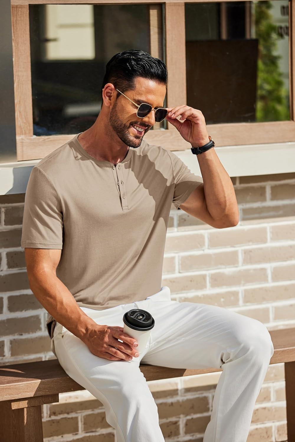 imageCOOFANDY Mens Henley Shirts Short Sleeve Casual Summer Basic T Shirt Soild Button Tee TopAkhaki