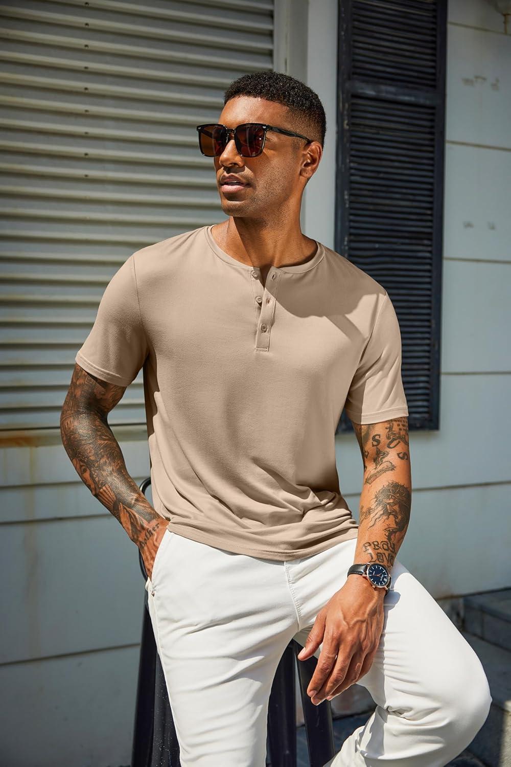 imageCOOFANDY Mens Henley Shirts Short Sleeve Casual Summer Basic T Shirt Soild Button Tee TopAkhaki