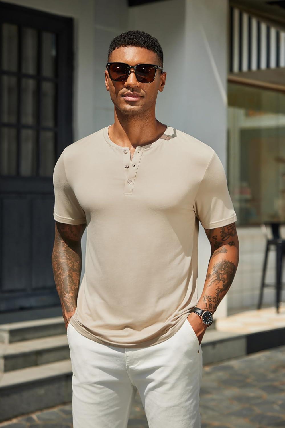 imageCOOFANDY Mens Henley Shirts Short Sleeve Casual Summer Basic T Shirt Soild Button Tee TopAlight Khaki