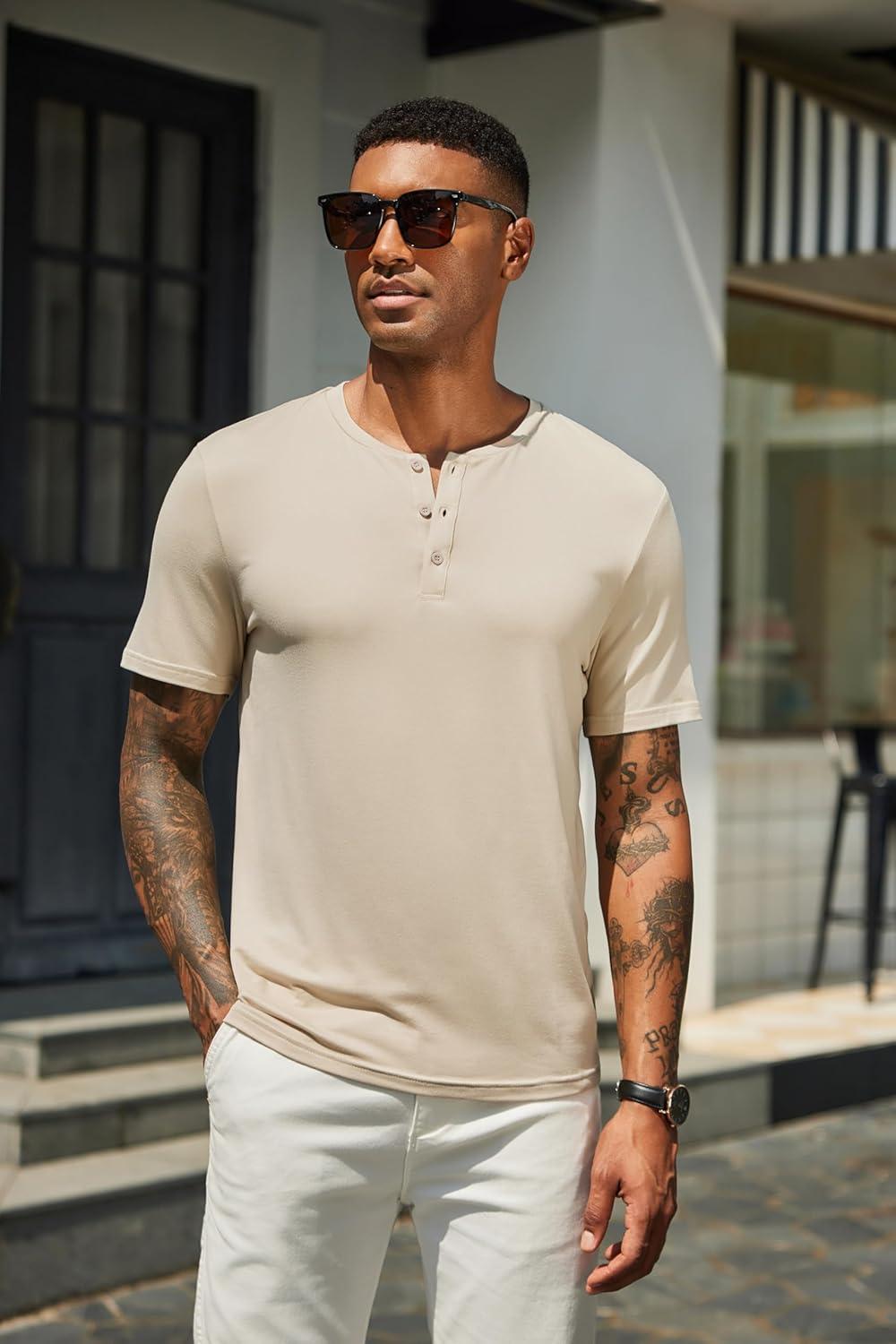 imageCOOFANDY Mens Henley Shirts Short Sleeve Casual Summer Basic T Shirt Soild Button Tee TopAlight Khaki
