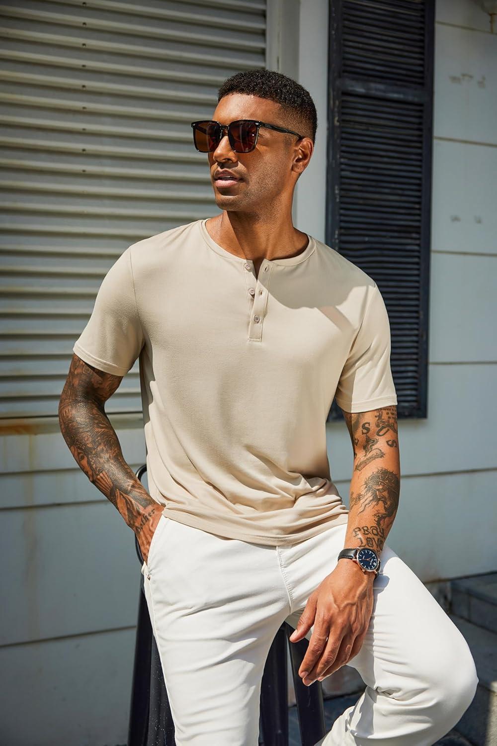 imageCOOFANDY Mens Henley Shirts Short Sleeve Casual Summer Basic T Shirt Soild Button Tee TopAlight Khaki