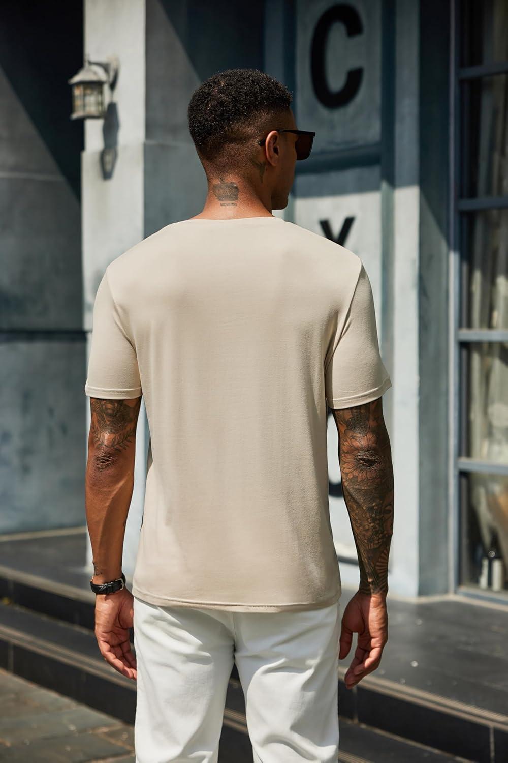 imageCOOFANDY Mens Henley Shirts Short Sleeve Casual Summer Basic T Shirt Soild Button Tee TopAlight Khaki