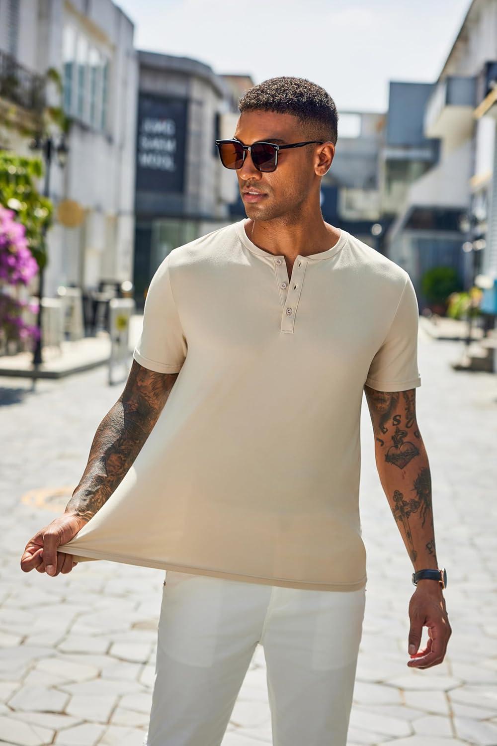 imageCOOFANDY Mens Henley Shirts Short Sleeve Casual Summer Basic T Shirt Soild Button Tee TopAlight Khaki